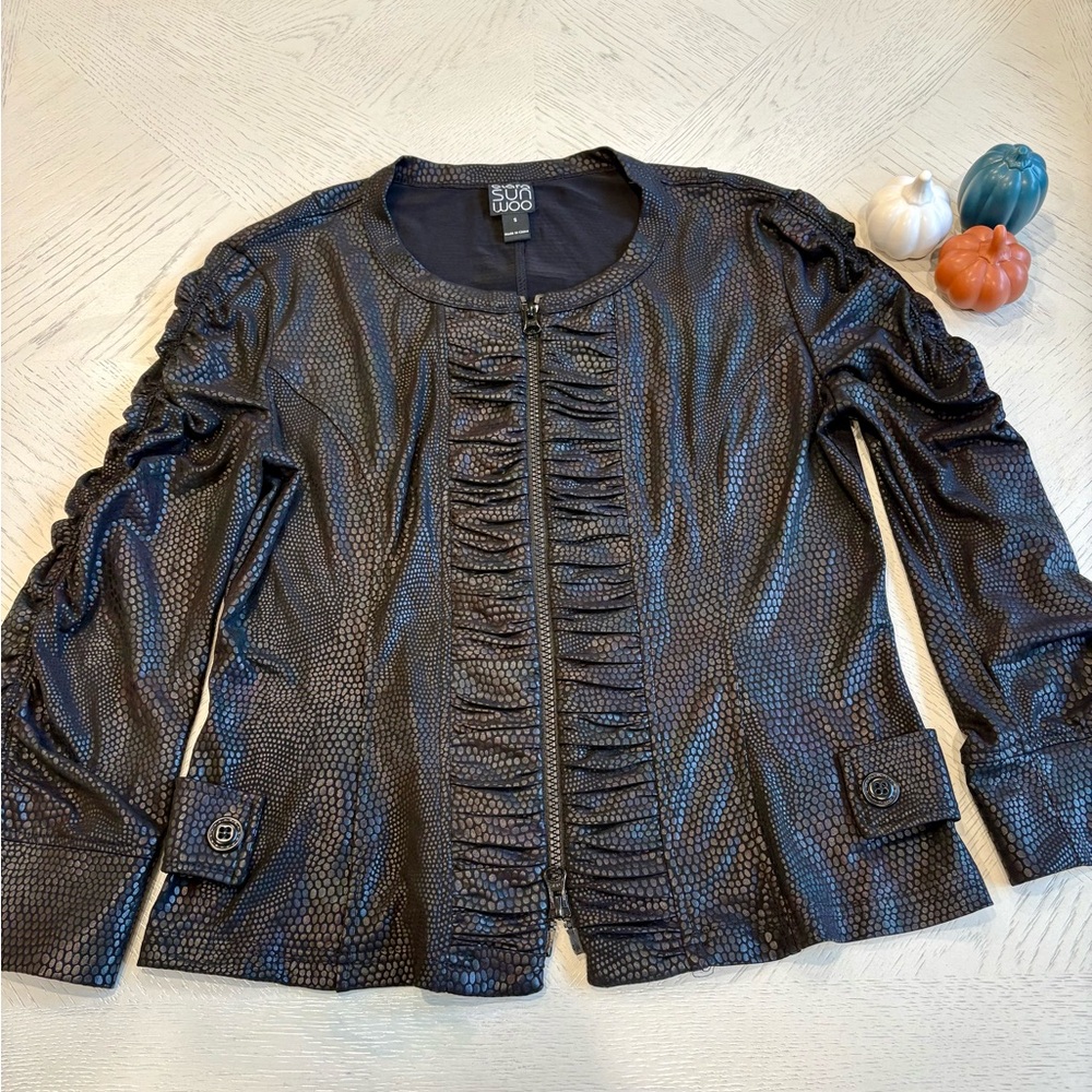 Clara Sun Woo Black Liquid Leather Animal Print Zip Jacket